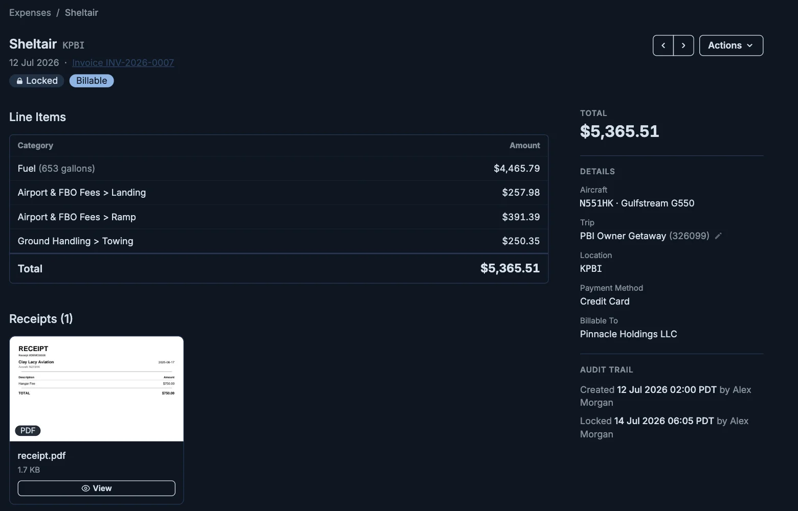 A $5,365.51 Palm Beach FBO expense split into fuel, landing, ramp, and towing, tagged to N551HK, the trip, and Pinnacle Holdings
