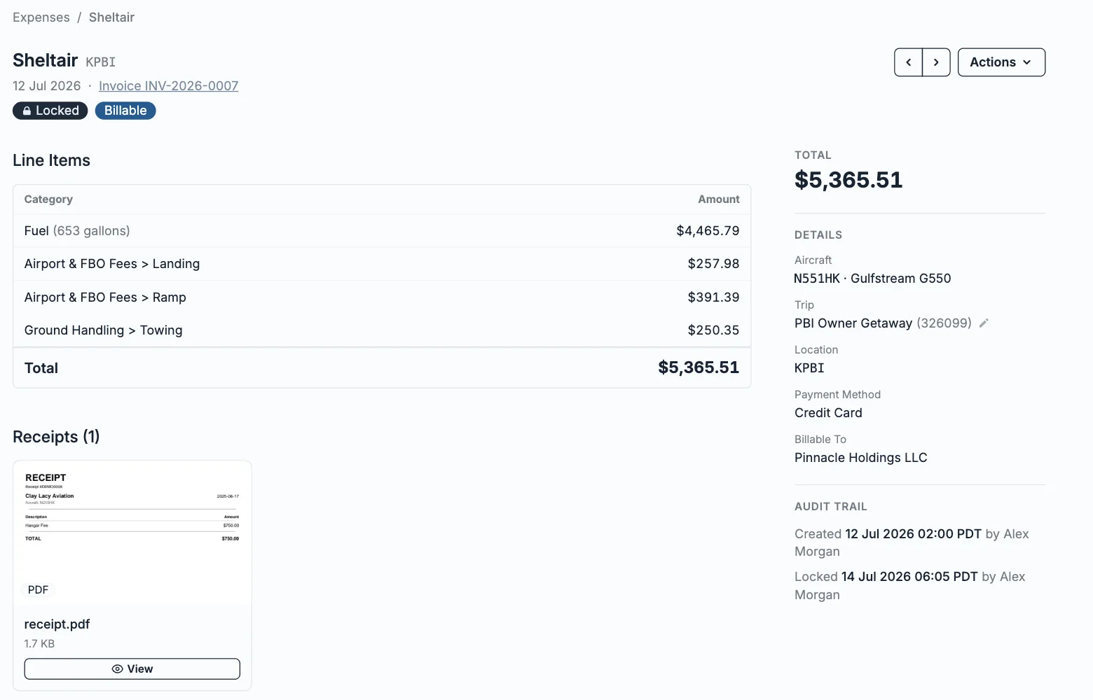 A $5,365.51 Palm Beach FBO expense split into fuel, landing, ramp, and towing, tagged to N551HK, the trip, and Pinnacle Holdings