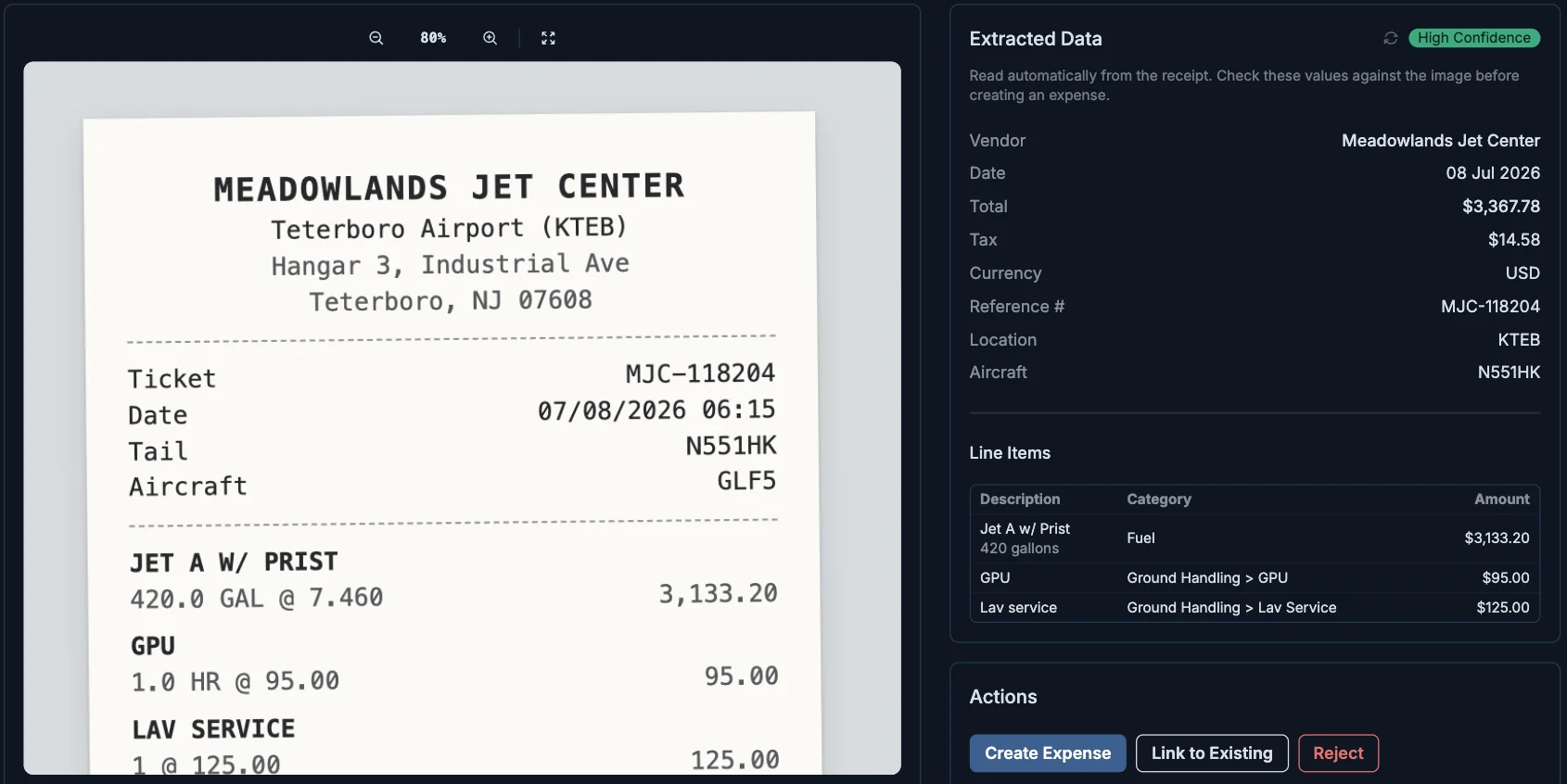A Teterboro fuel receipt beside the data read from it: vendor, date, total, tail number N551HK, and three categorized line items