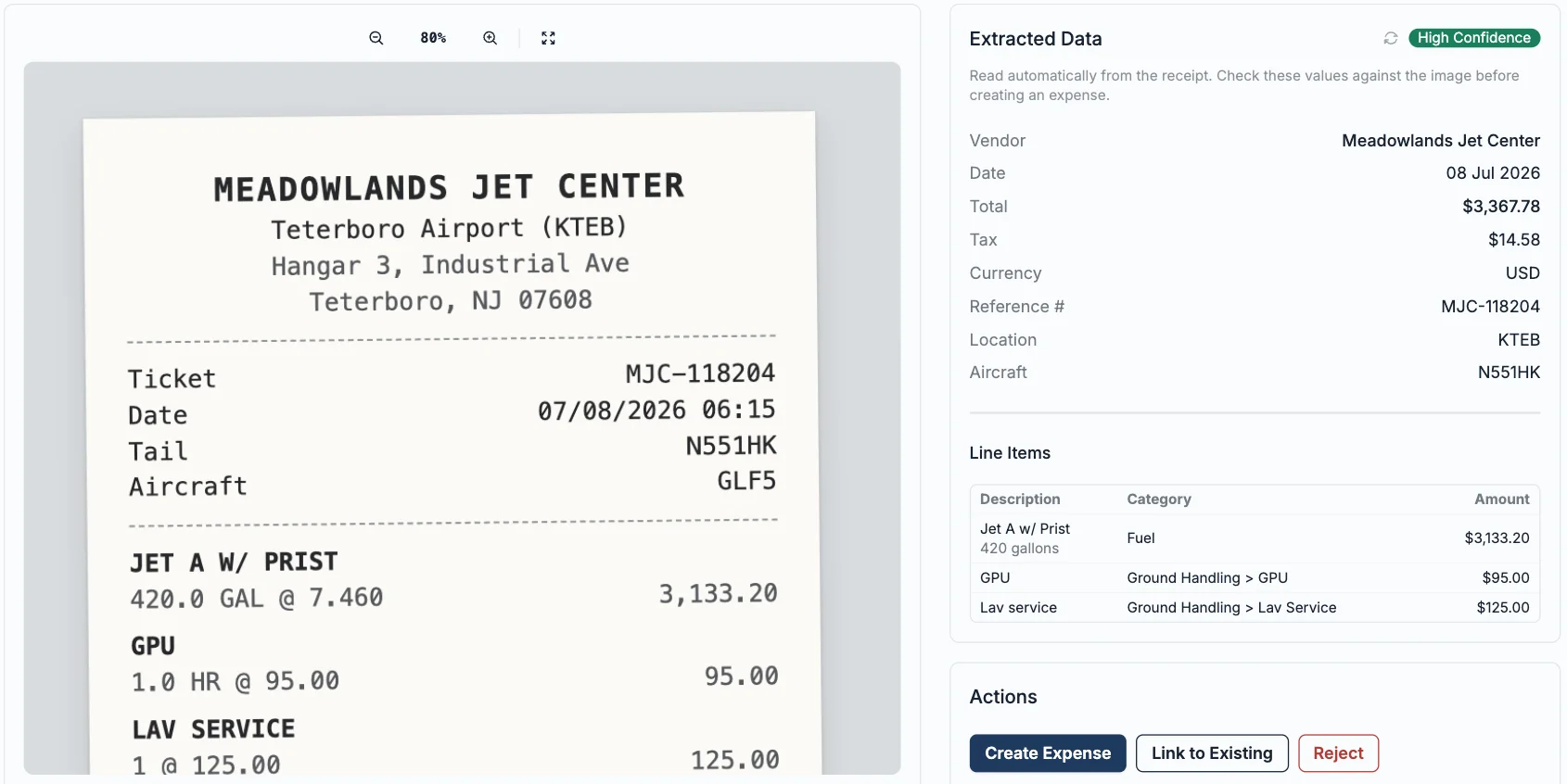 A Teterboro fuel receipt beside the data read from it: vendor, date, total, tail number N551HK, and three categorized line items